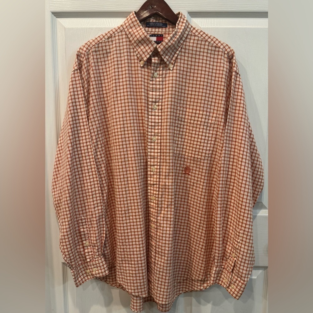 Tommy Hilfiger Men’s Shirt Size XL Orange Ivory Plaid Long Sleeve Button Down